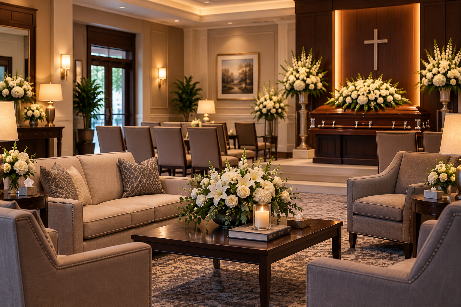 Serene funeral home visitation parlor with upholstered seating, white floral arrangements, and a casket